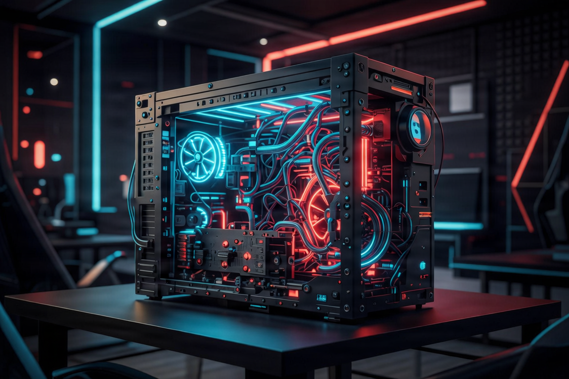 Sleek liquid-cooled gaming PC with neon RGB accents